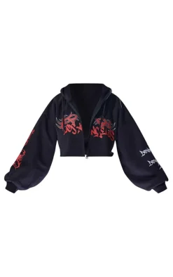 Black Graphic Oversized Los Angeles Cropped Zip Hoodie