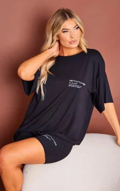 Black Graphic Peached Oversized T Shirt & Short PJ Set