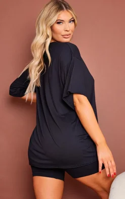 Black Graphic Peached Oversized T Shirt & Short PJ Set