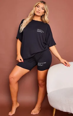 Black Graphic Peached Oversized T Shirt & Short PJ Set