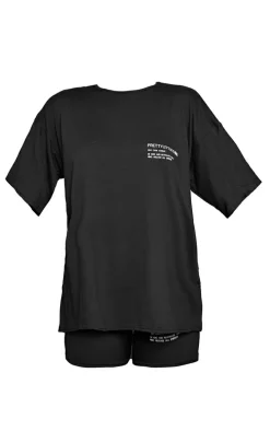 Black Graphic Peached Oversized T Shirt & Short PJ Set