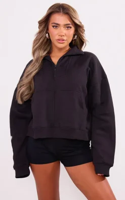 Black Half Zip Double Pocket Seam Detail Sweatshirt