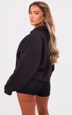 Black Half Zip Double Pocket Seam Detail Sweatshirt