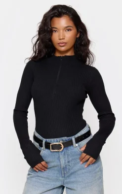 Black Half Zip Knitted Bodysuit