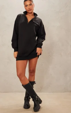 Black Half Zip Pocket Detail Sweater Dress