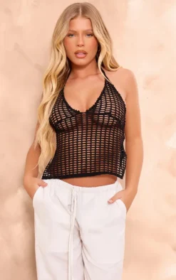 Black Halter Fishnet Crochet Under Bust Crop Top