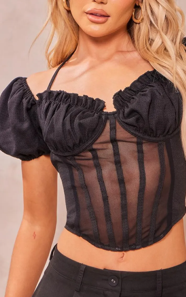 Black Halter Neck Bardot Sleeve Corset