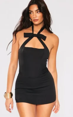Black Halter Neck Bow Detail Skort Romper