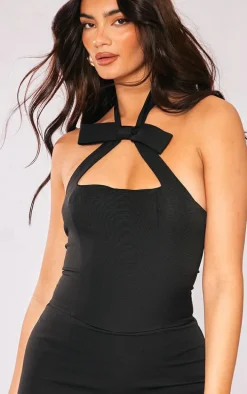 Black Halter Neck Bow Detail Skort Romper