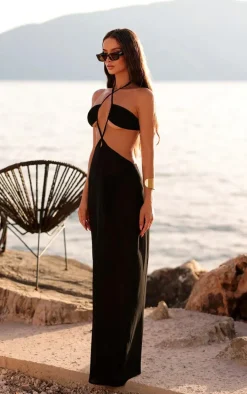Black Halter Neck Cut Out Maxi Beach Dress