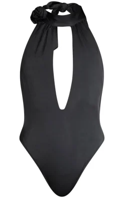 Black Halter Neck Flower Trim Cut Out Swimsuit