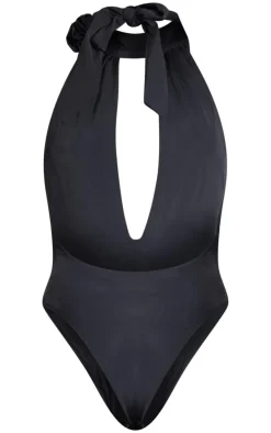 Black Halter Neck Flower Trim Cut Out Swimsuit