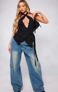 Black Halter Neck Wrap Bow Tie Cami