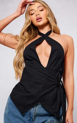 Black Halter Neck Wrap Bow Tie Cami