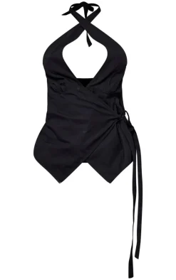 Black Halter Neck Wrap Bow Tie Cami