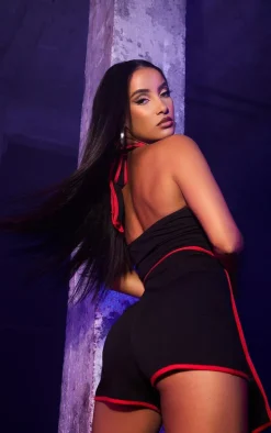 Black Halterneck Red Binding Ninja Romper