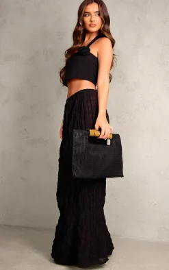 Black Halterneck Rose Applique Faux Linen Top