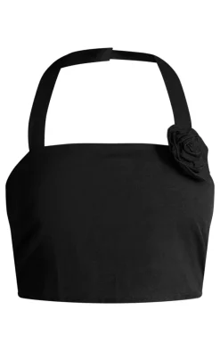 Black Halterneck Rose Applique Faux Linen Top
