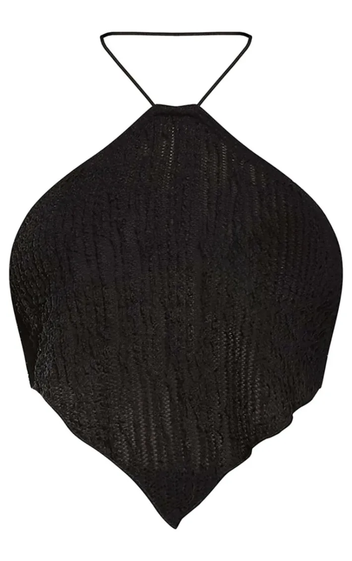 Black Halterneck Textured Crop Top