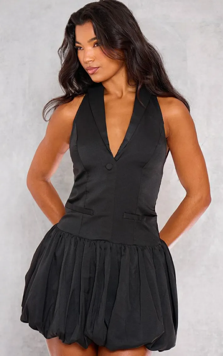 Black Halterneck Vest Detail Puffball Dress