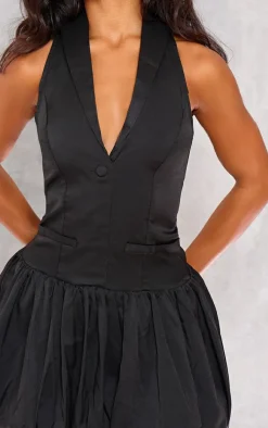 Black Halterneck Vest Detail Puffball Dress