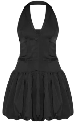 Black Halterneck Vest Detail Puffball Dress