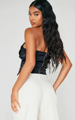 Black Hammered Satin Asymmetric Pointed Hem Corset