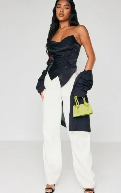 Black Hammered Satin Asymmetric Pointed Hem Corset