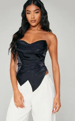 Black Hammered Satin Asymmetric Pointed Hem Corset