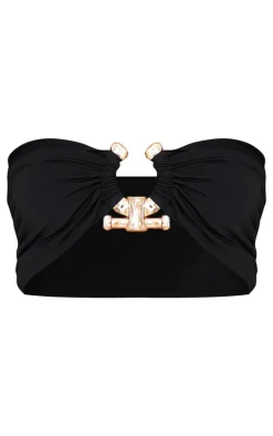 Black Hammered Trim Bandeau Bikini Top