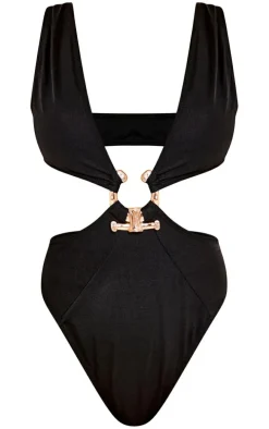 Black Hammered Trim Deep Plunge Cut Out Swimsuit