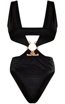 Black Hammered Trim Deep Plunge Cut Out Swimsuit