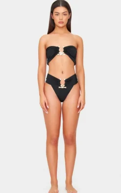 Black Hammered Trim High Waist Bikini Bottoms