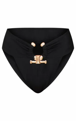Black Hammered Trim High Waist Bikini Bottoms