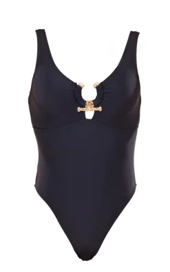 Black Hammered Trim Plunge Swimsuit