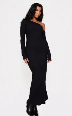 Black Heavy Brushed Asymmetric Ruched Maxi Dress