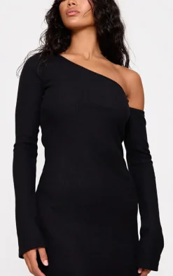 Black Heavy Brushed Asymmetric Ruched Maxi Dress