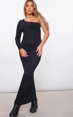 Black Heavy Brushed Rib One Shoulder Midaxi Dress