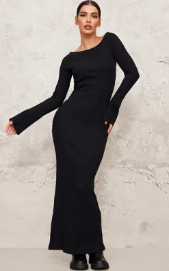 Black Heavy Brushed Rib Tie Back Maxi Dress