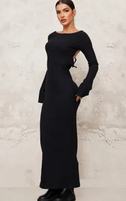 Black Heavy Brushed Rib Tie Back Maxi Dress