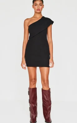 Black Heavy Rib Asymmetric Bodycon Dress
