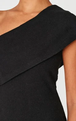 Black Heavy Rib Asymmetric Bodycon Dress
