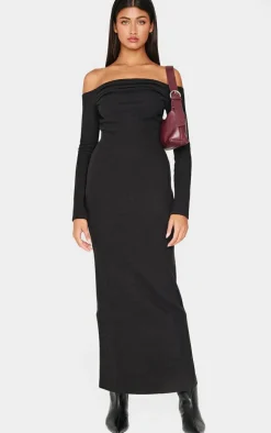 Black Heavy Rib Bardot Long Sleeve Maxi Dress