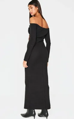 Black Heavy Rib Bardot Long Sleeve Maxi Dress