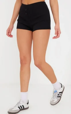 Black Heavy Rib Button Detail Hotpant Shorts