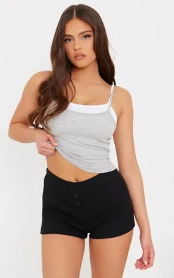 Black Heavy Rib Button Detail Hotpant Shorts