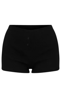Black Heavy Rib Button Detail Hotpant Shorts