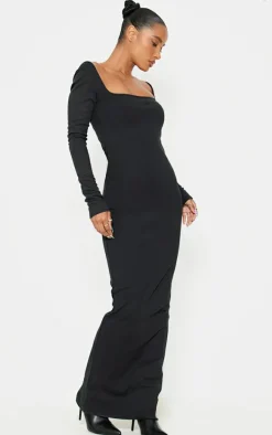 Black Heavy Rib Square Neck Maxi Dress