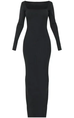 Black Heavy Rib Square Neck Maxi Dress