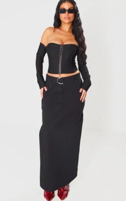 Black Heavy Twill Belted Midaxi Skirt